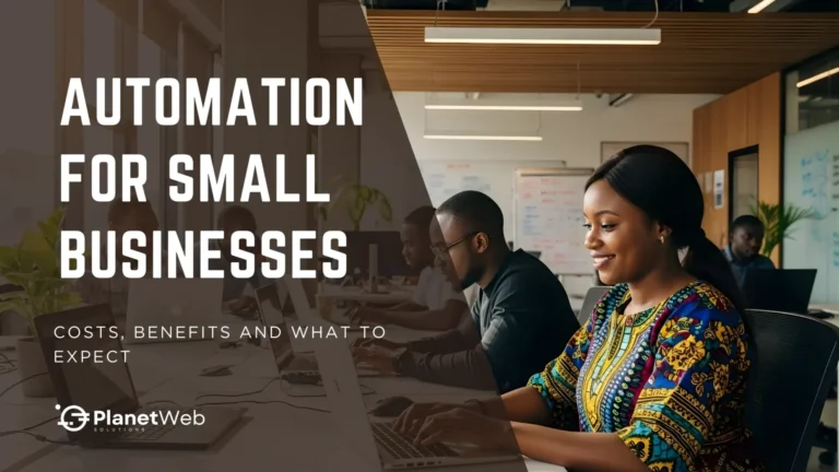 Automation for small businesses: Costs, benefits, and what to expect. People working on laptops in a modern office.