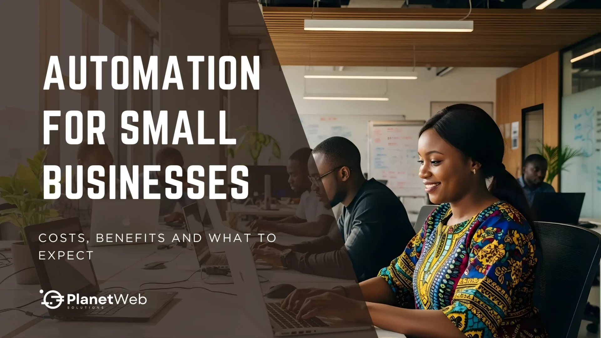 Automation for small businesses: Costs, benefits, and what to expect. People working on laptops in a modern office.