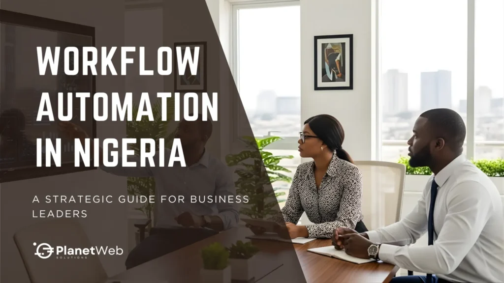 Business meeting discussing workflow automation in Nigeria.