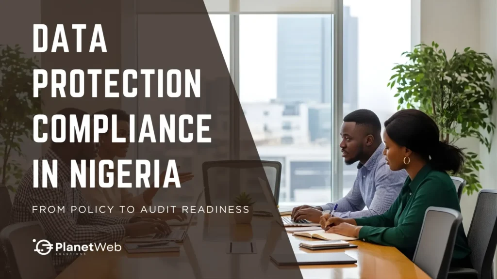 Data Protection Compliance in Nigeria with individuals engaged in a meeting at a conference table.