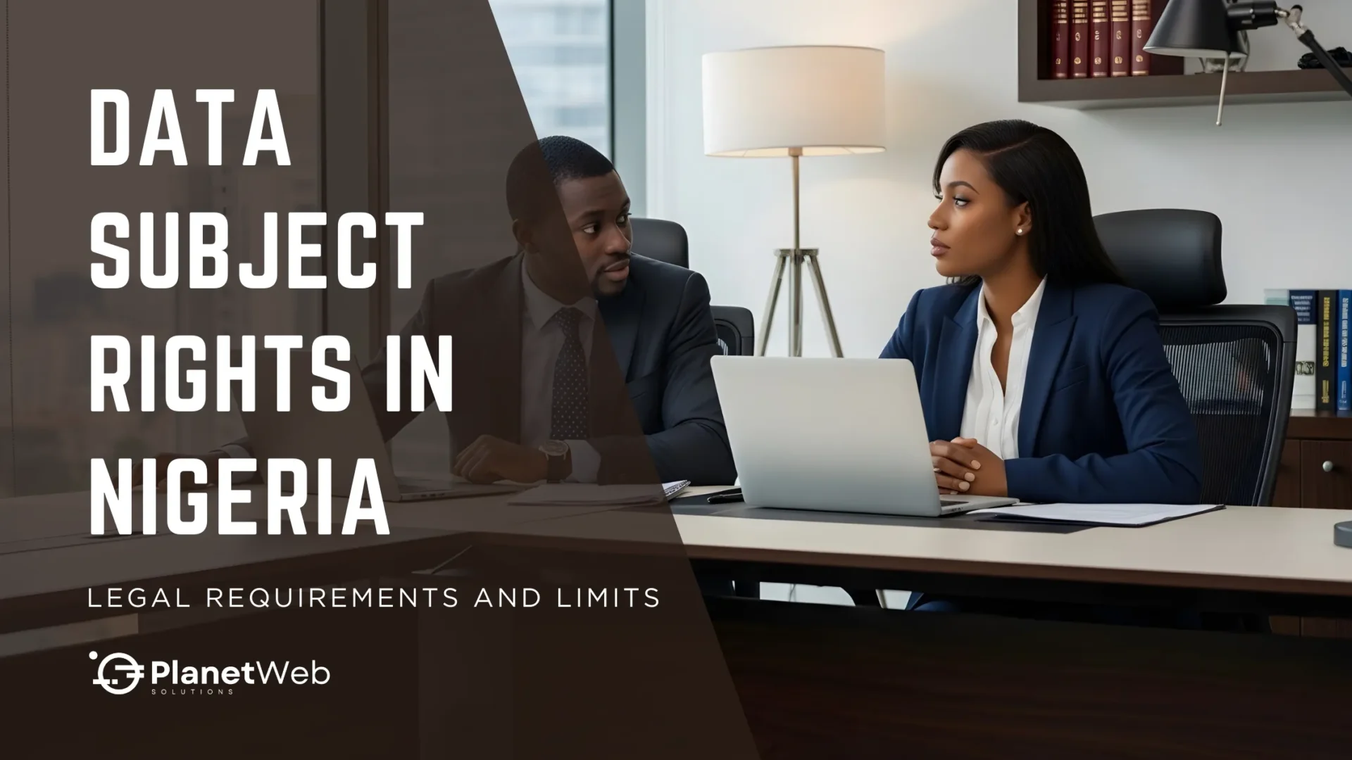 Two professionals discussing data subject rights in Nigeria, seated at a desk with a laptop and documents.