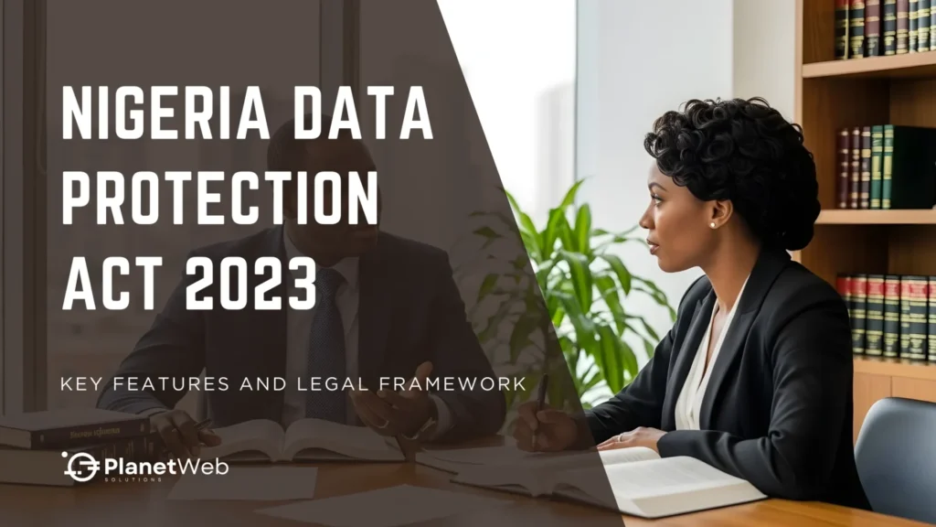 A woman with curly hair seated at a table, reviewing documents related to the Nigeria Data Protection Act 2023, with a plant in the background.