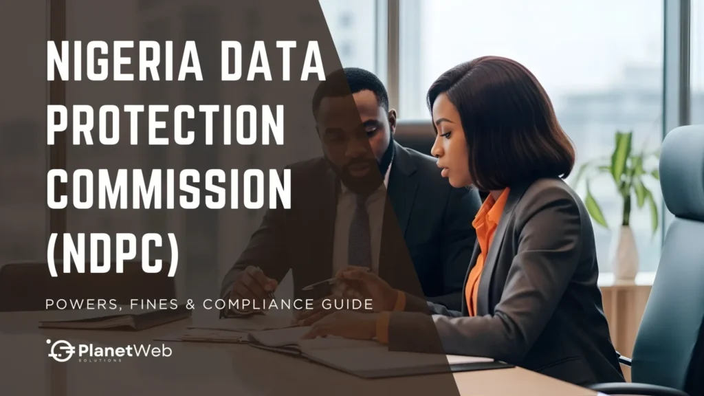 Two professionals discussing documents related to the Nigeria Data Protection Commission (NDPC) compliance guide.