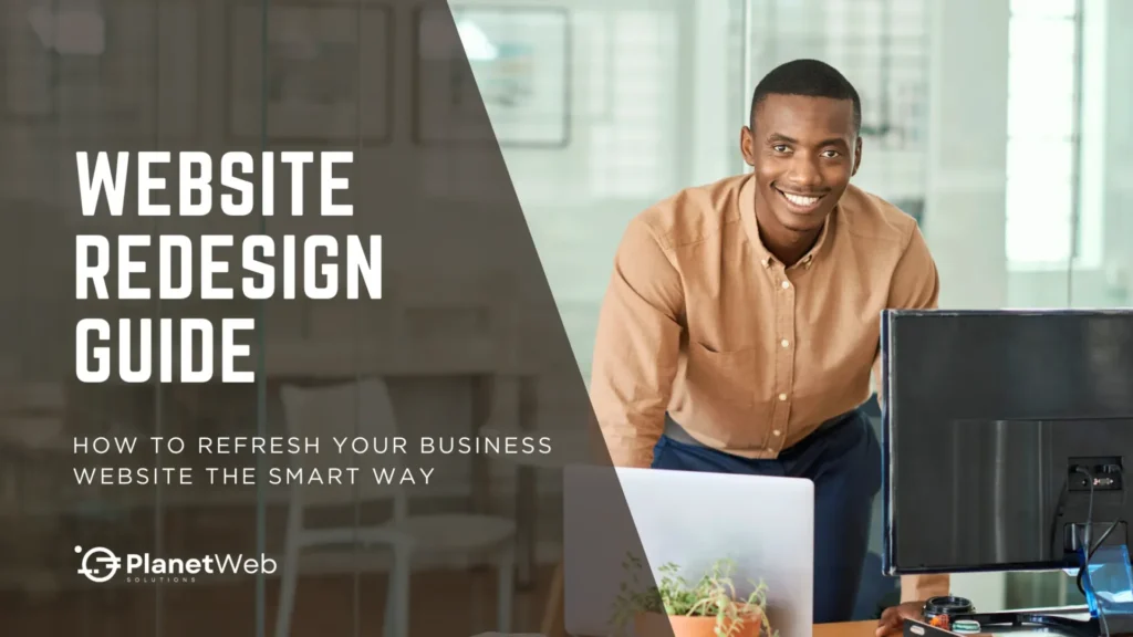 Professional man presenting website redesign guide by PlanetWeb Solutions for business growth.