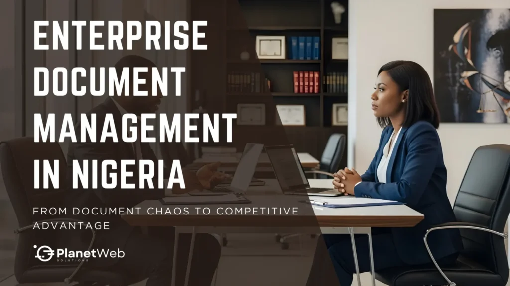 A businesswoman in a blue suit seated at a desk, engaged in a discussion about enterprise document management in Nigeria.