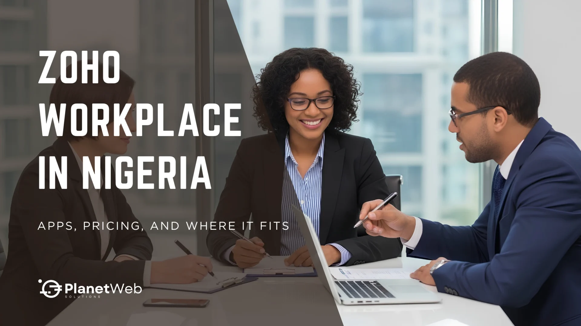 Zoho Workplace in Nigeria business meeting banner with pricing and office collaboration.
