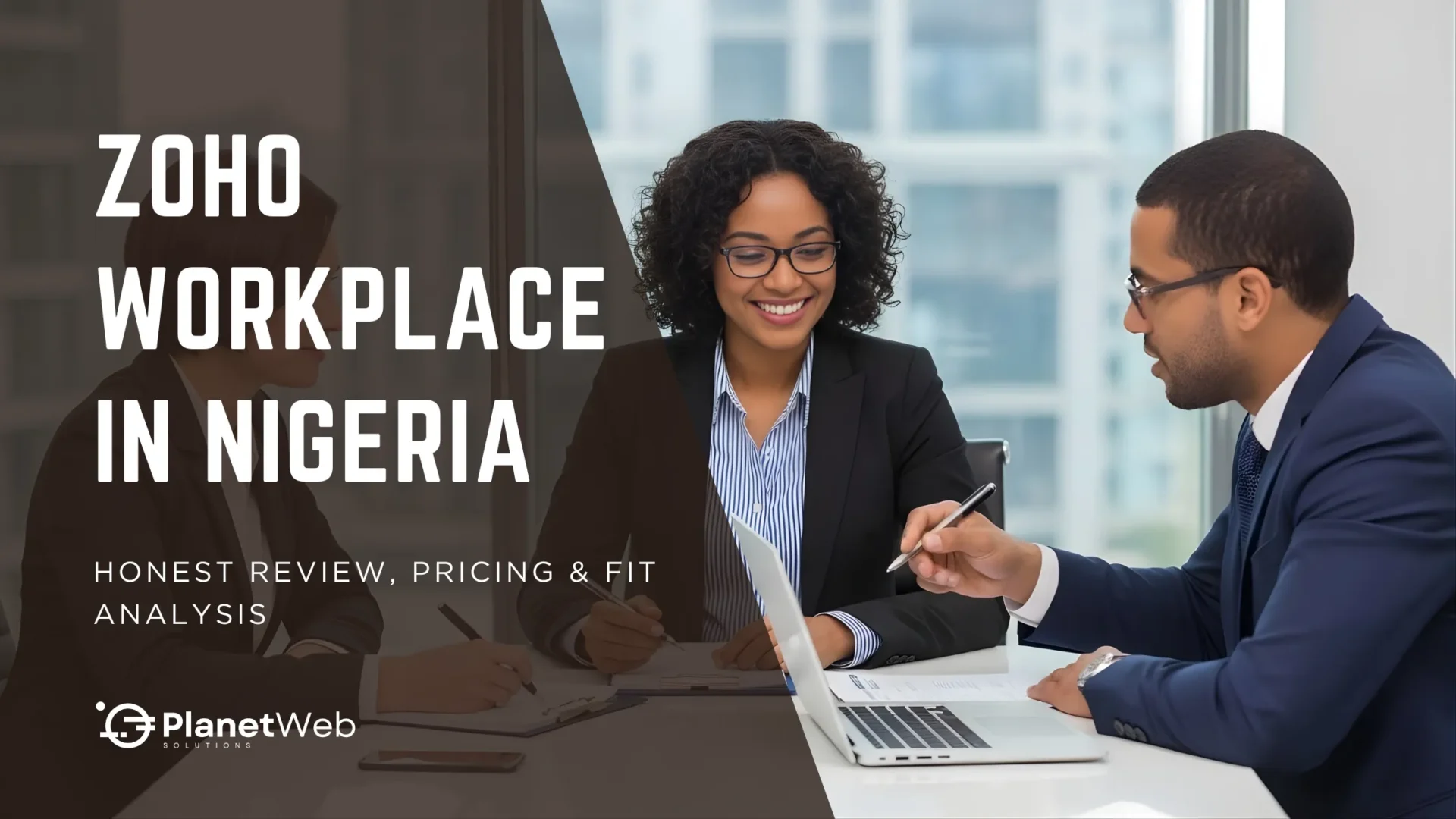 Two professionals engaged in a business meeting discussing Zoho Workplace in Nigeria, with a laptop and documents on the table.
