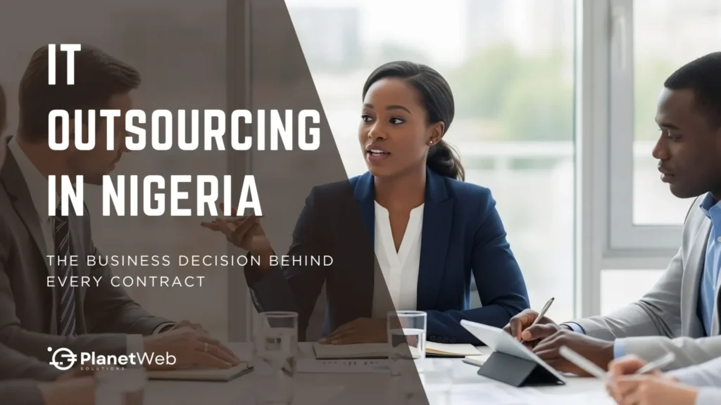 IT outsourcing in Nigeria business meeting with PlanetWeb Solutions branding.