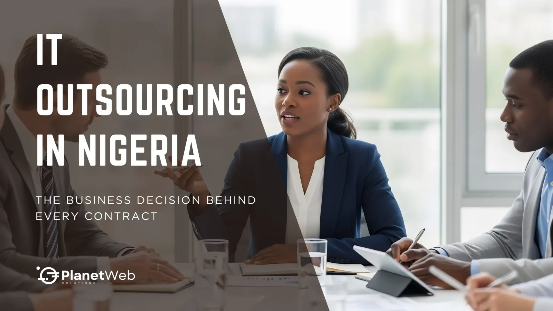 IT outsourcing in Nigeria business meeting with PlanetWeb Solutions branding.