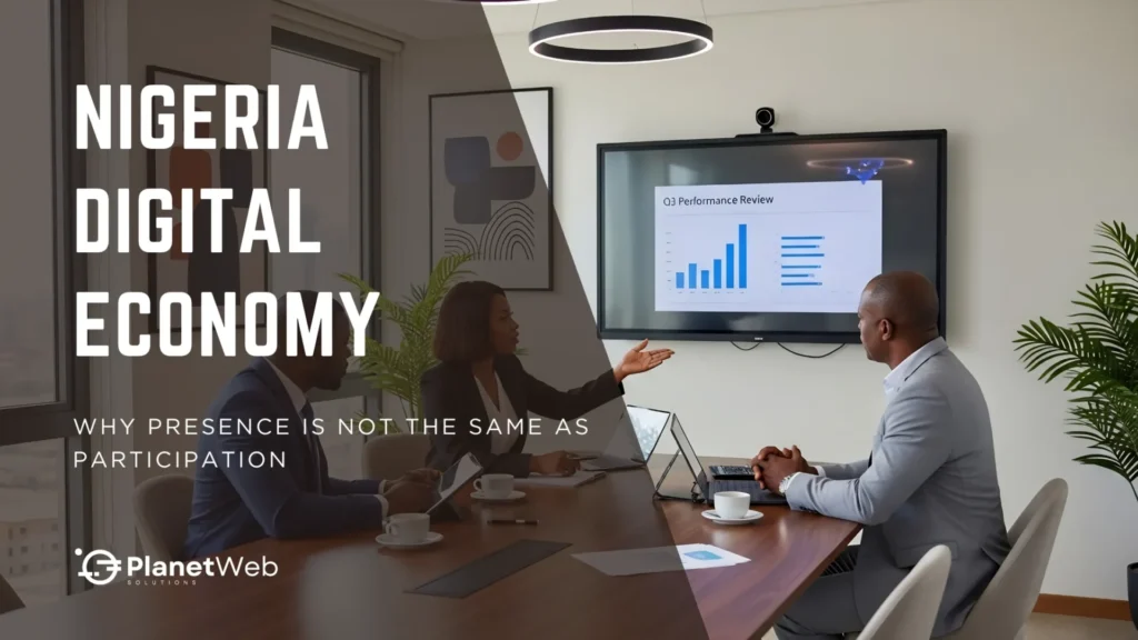 Nigeria Digital Economy business meeting with strategy presentation and team discussion.