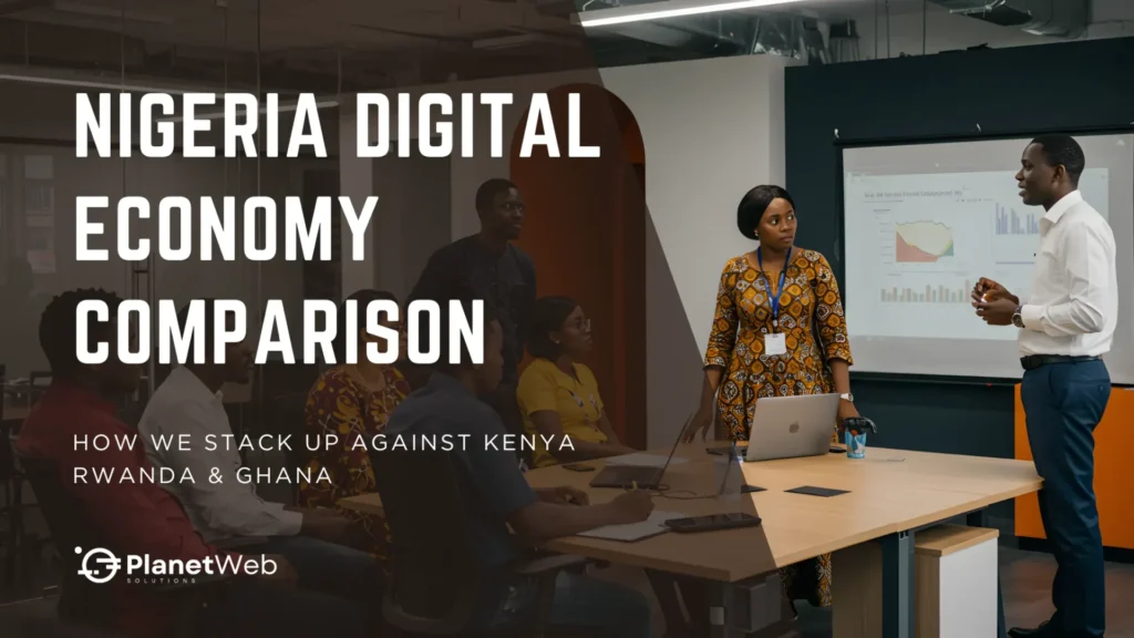 Nigeria digital economy comparison presentation with Kenya, Rwanda, and Ghana charts in corporate workshop.