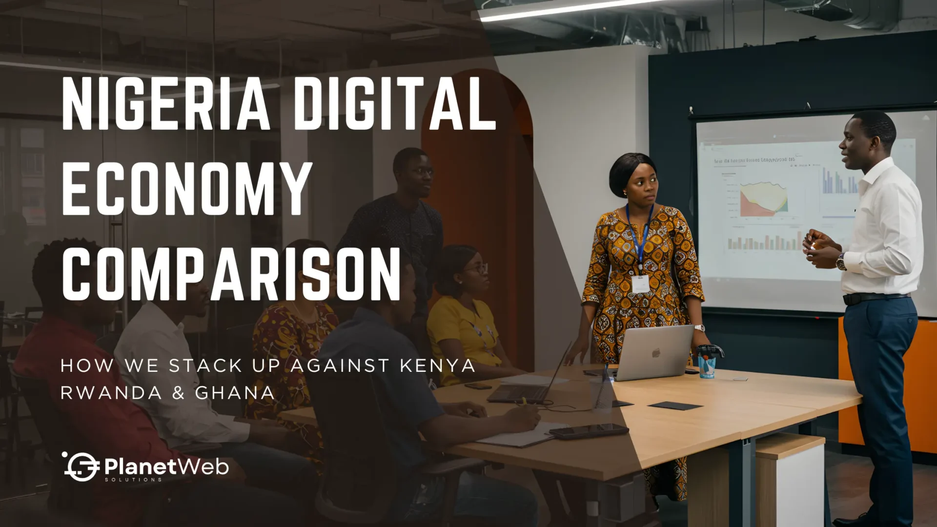 Nigeria digital economy comparison presentation with Kenya, Rwanda, and Ghana charts in corporate workshop.