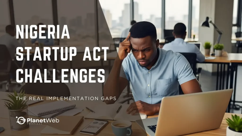 Nigeria Startup Act challenges: real implementation gaps in modern office, stressed entrepreneur working on laptop.
