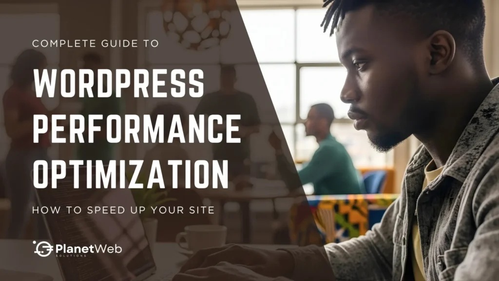 WordPress performance optimization guide in a creative café setting for tech enthusiasts.