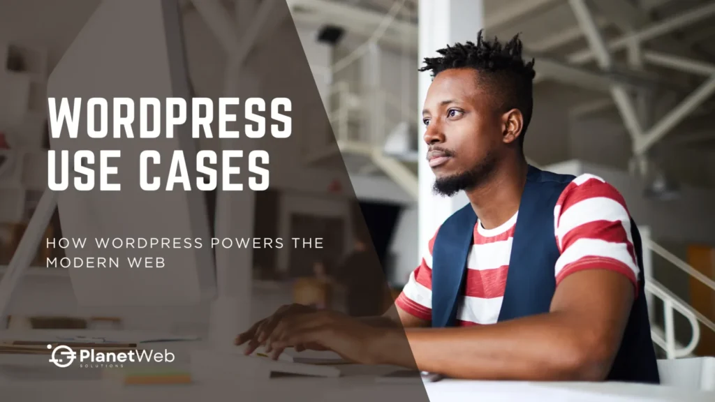 Young man at a modern desk exploring WordPress use cases for web development.