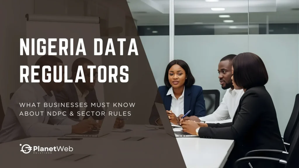 Group of professionals discussing Nigeria data regulators in a modern office setting with a presentation on the table.