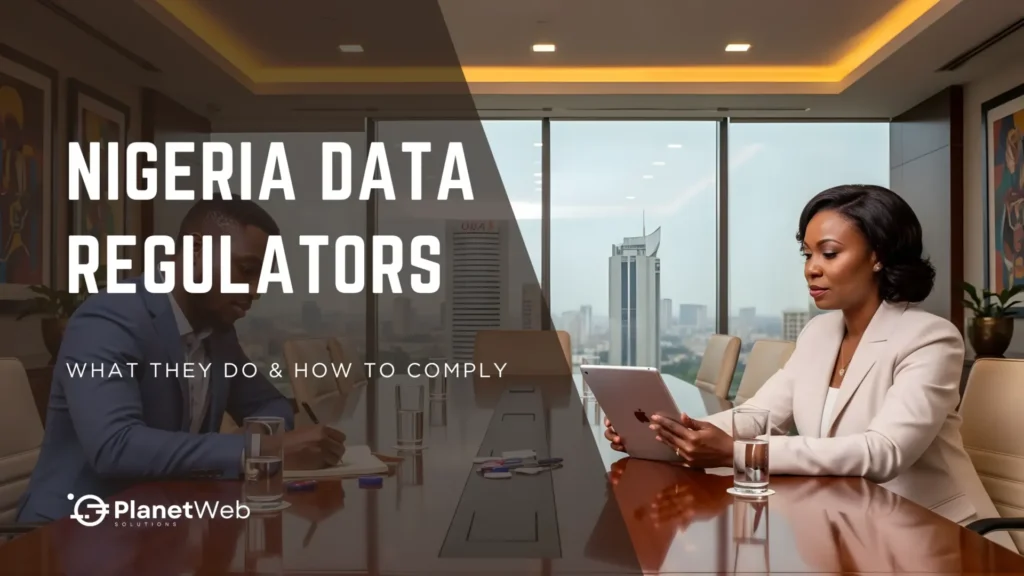 Nigeria data regulators privacy compliance guide in corporate meeting room with professionals reviewing tablet.
