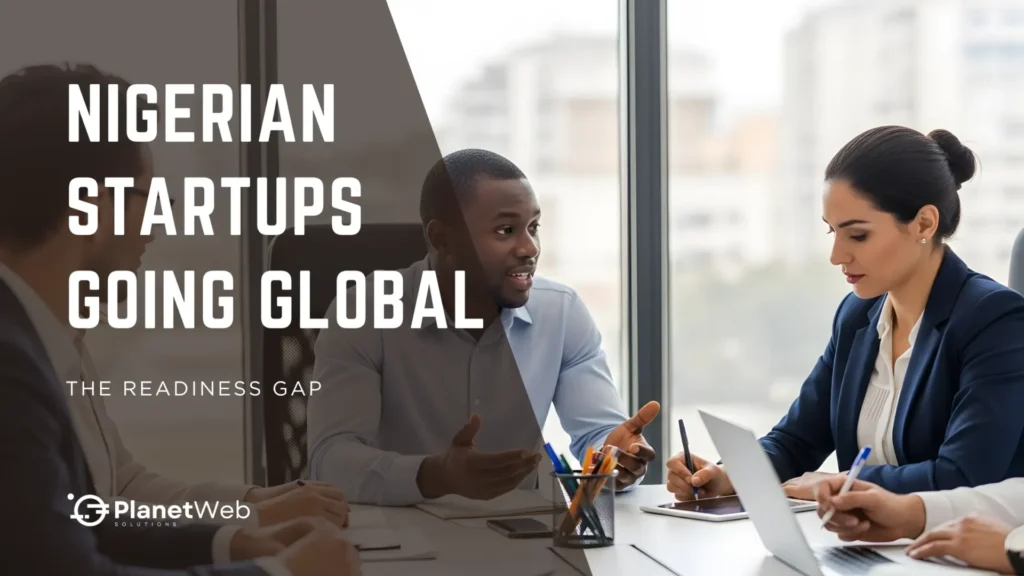 Nigerian startups going global readiness gap presentation with diverse team meeting in modern office.