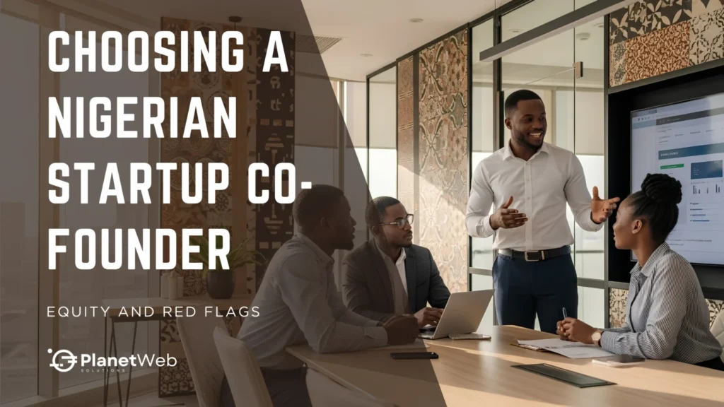 Nigerian startup co-founder equity and red flags in a business meeting.