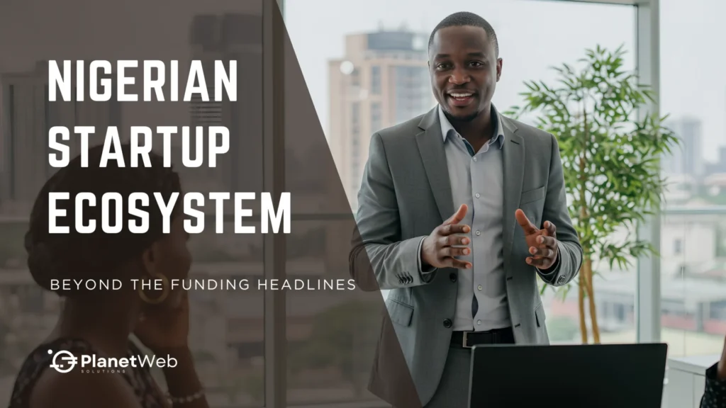 Nigerian Startup Ecosystem banner with businessman presenting in a modern office.