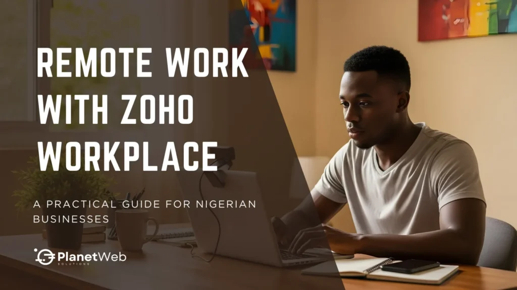 Man working on a laptop at a desk, focused on remote work with Zoho Workplace, accompanied by a coffee cup and a notebook.