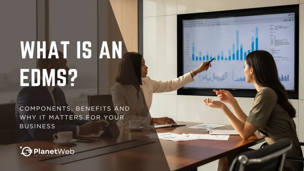 What is EDMS business meeting with analytics presentation and corporate team collaboration.