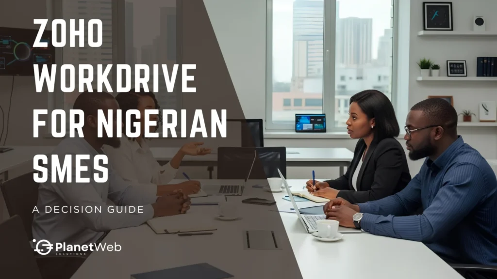 Zoho WorkDrive for Nigerian SMEs decision guide in a modern business meeting.