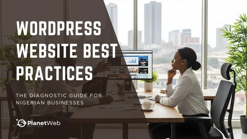Young woman analyzes WordPress website best practices in a modern office environment.