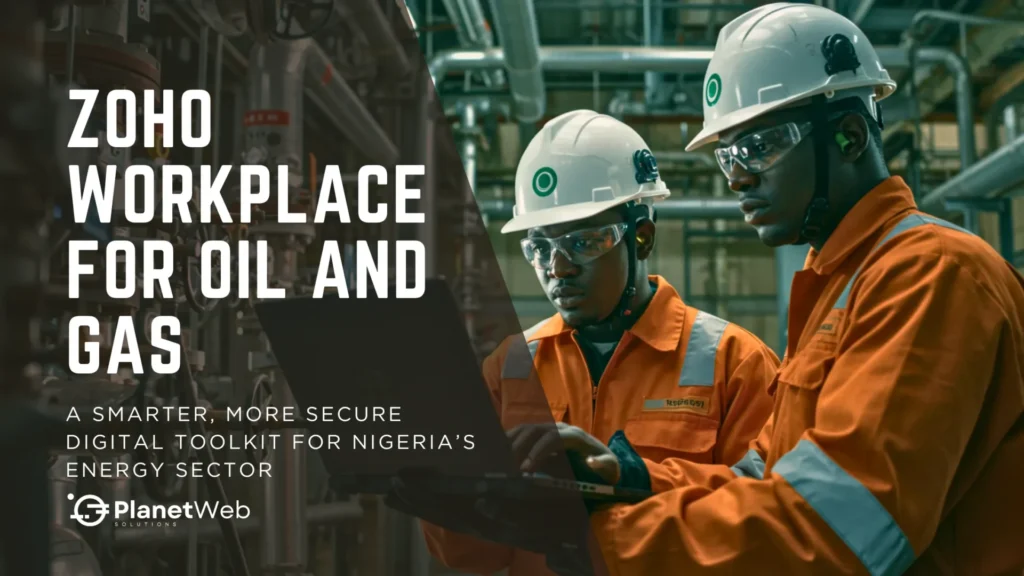 Zoho Workplace for Oil and Gas workers using technology for safety and efficiency in a modern industrial setting.