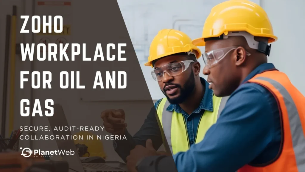 Zoho Workplace for Oil and Gas: Two workers collaborating, audit-ready collaboration.