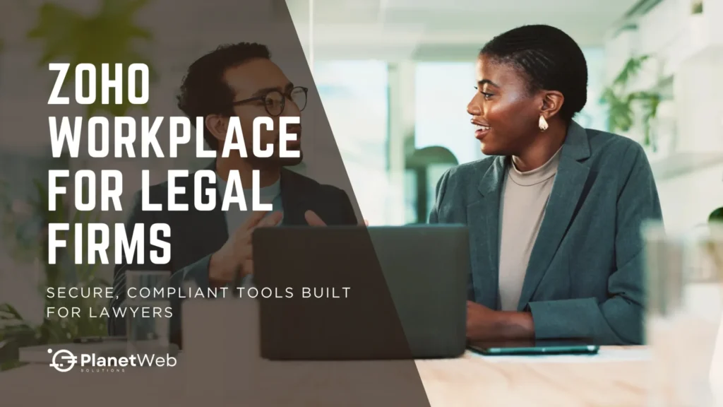 Professionals discuss Zoho Workplace for legal firms in a modern office setting.