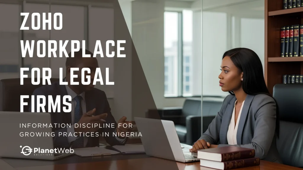 Zoho Workplace for Legal Firms banner in a modern Nigerian law office.