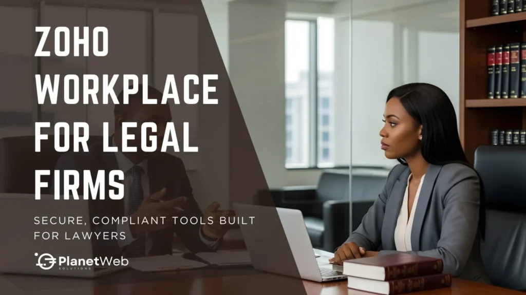 Woman sitting at a desk with a laptop and legal books, representing Zoho Workplace for legal firms.