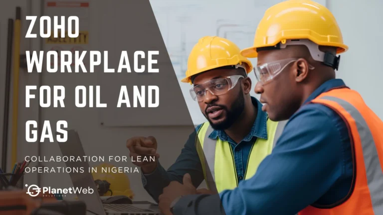 Zoho Workplace for Oil and Gas banner showing Nigerian workers collaborating.