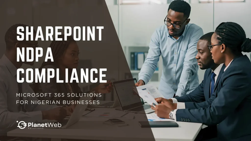 Business meeting on SharePoint NDPA compliance in a modern office setting.