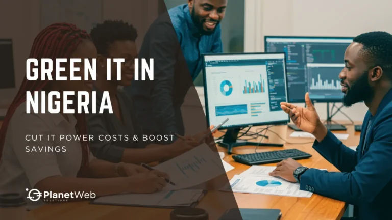 Diverse team collaborating on Green IT in Nigeria strategies in a modern office environment.