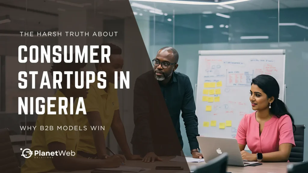 Professionals discuss B2B strategies for consumer startups in Nigeria in a dynamic office environment.
