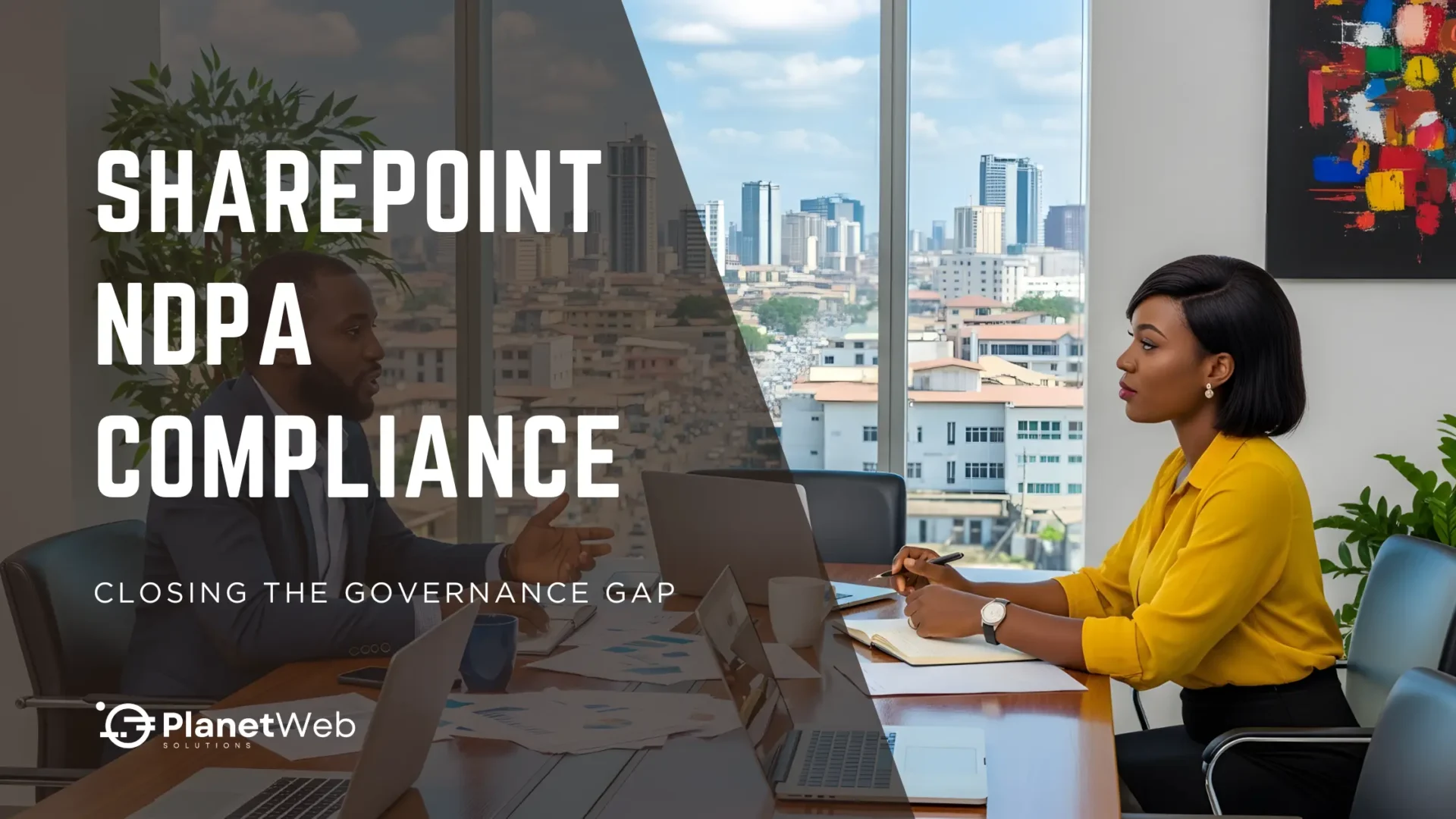 SharePoint NDPA compliance governance gap presentation in modern conference room with business meeting.