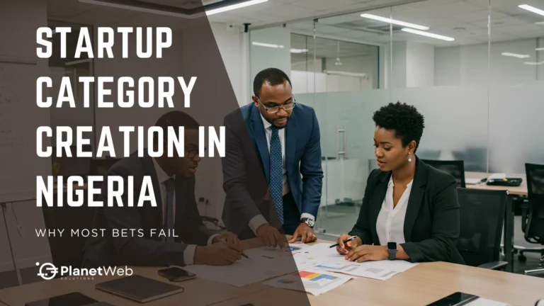 Startup category creation in Nigeria: business team reviews strategy and market risks.