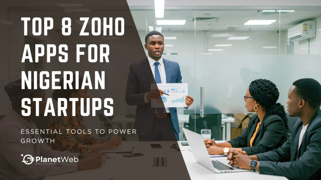 Presenter discusses top Zoho apps for Nigerian startups in a modern conference room.