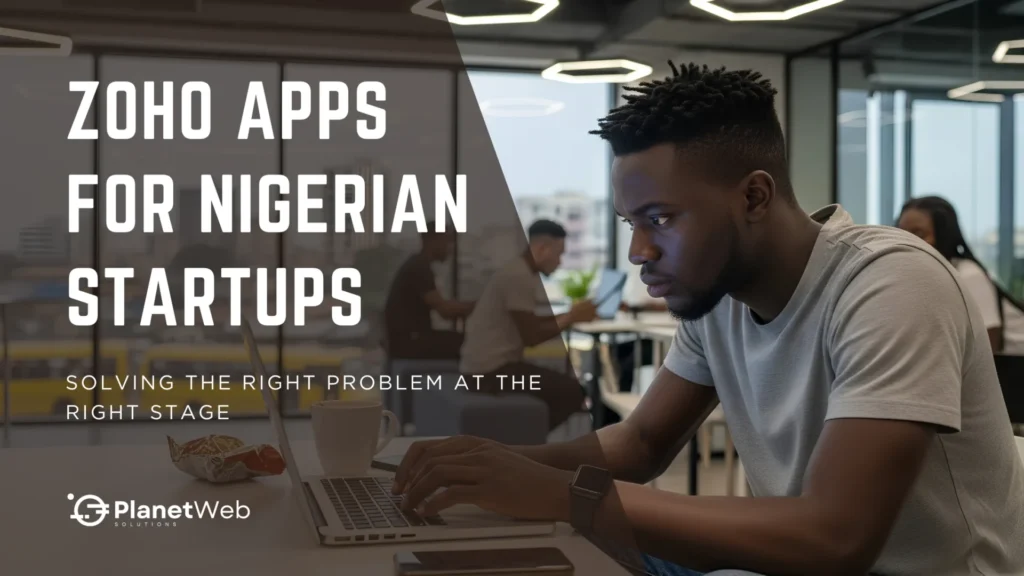 Zoho Apps for Nigerian startups banner showing a focused man working in a modern office.