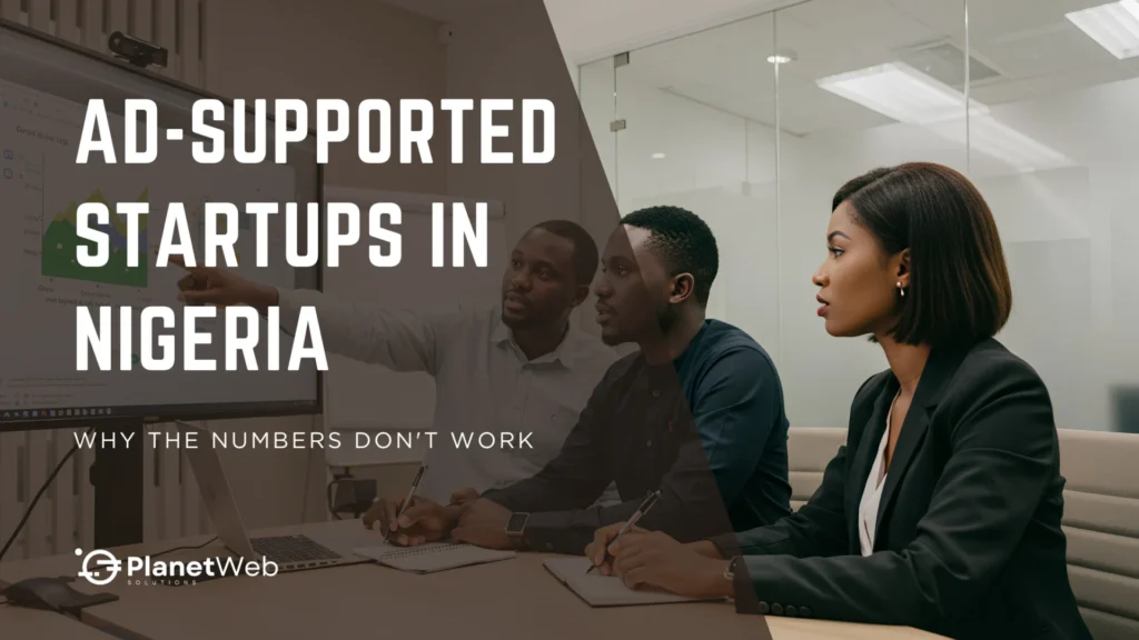 Ad-supported startups in Nigeria report cover with business meeting and analytics.