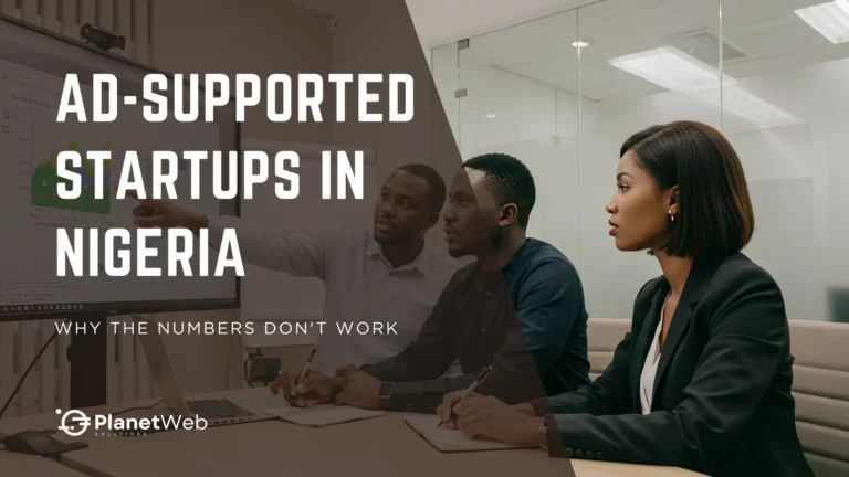 Ad-supported startups in Nigeria report cover with business meeting and analytics.