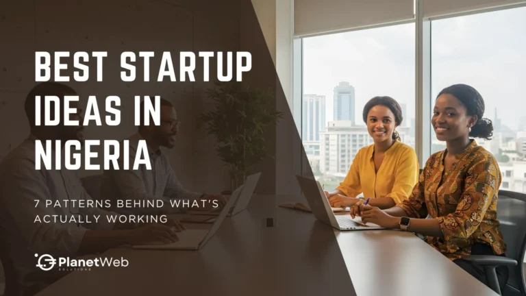 Women collaborating on Best Startup Ideas in Nigeria in a bright office with city views.