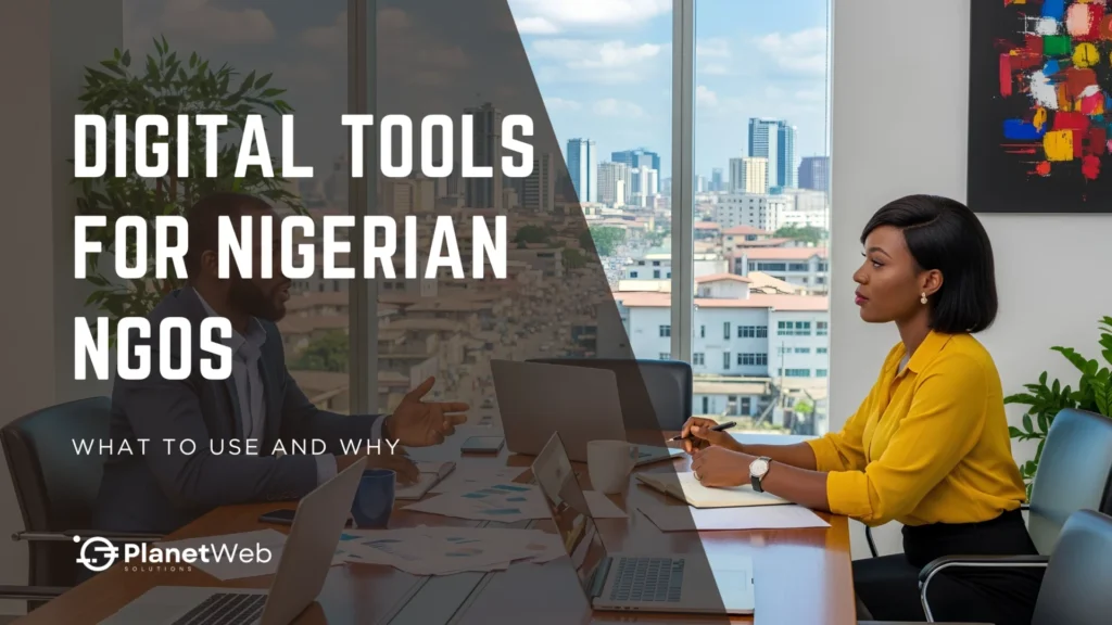 Digital tools for Nigerian NGOs banner with meeting scene and office skyline.