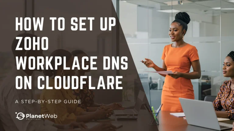 Woman presenting Zoho Workplace DNS on Cloudflare in a modern office.