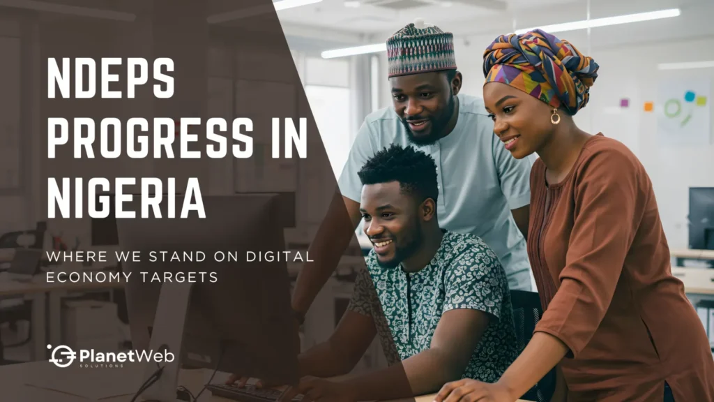 Teamwork driving NDEPS Progress in Nigeria at PlanetWeb Solutions in a modern office.
