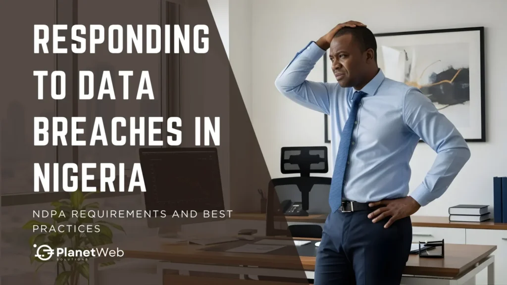 Business professional in a blue shirt and tie, looking concerned while standing in an office setting, with a focus on Responding to Data Breaches in Nigeria.