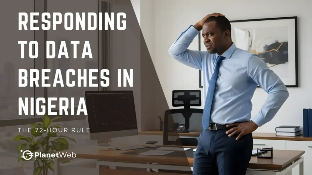 Responding to Data Breaches in Nigeria: The 72 Hour Rule cybersecurity banner in modern office.