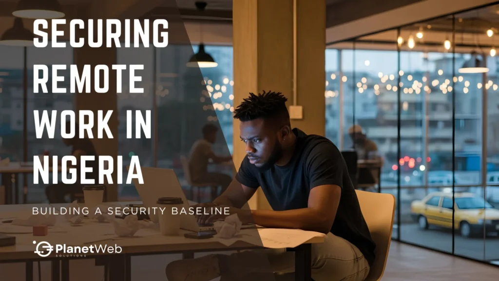 Securing remote work in Nigeria with a focused professional in a modern office.